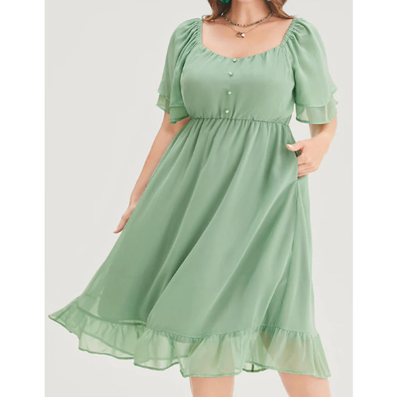 BLOOMCHIC 14-16 1X plus mint green square neck ruffle sleeve midi dress NWT B34 - Picture 1 of 9